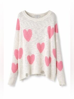Blakeley Pink Heart Sweater Distressed Slouchy Cozy Valentine Core-Large